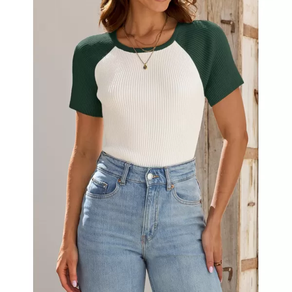 imageZESICA Womens Short Sleeve Ribbed Color Block Tops Summer Crewneck Knit T ShirtsGreen