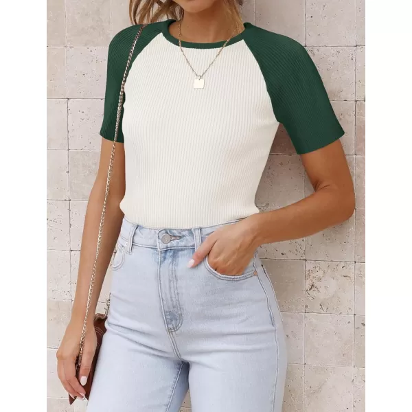 imageZESICA Womens Short Sleeve Ribbed Color Block Tops Summer Crewneck Knit T ShirtsGreen