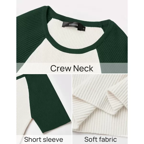 imageZESICA Womens Short Sleeve Ribbed Color Block Tops Summer Crewneck Knit T ShirtsGreen