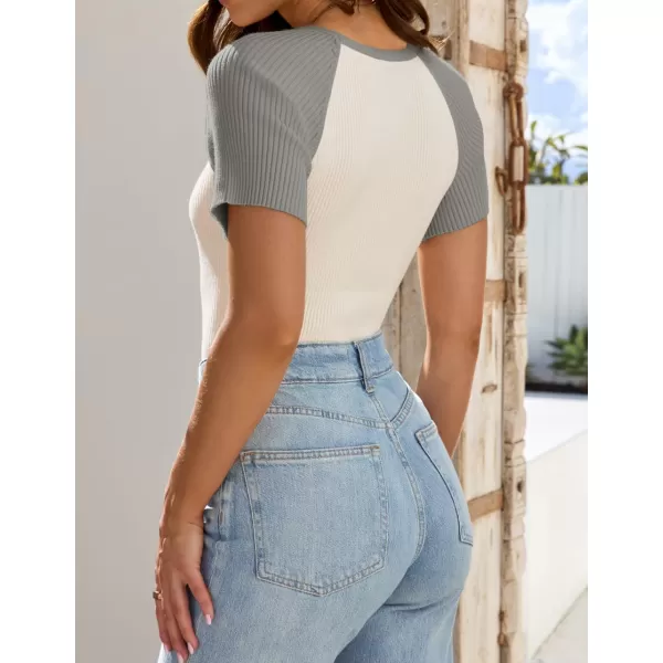 imageZESICA Womens Short Sleeve Ribbed Color Block Tops Summer Crewneck Knit T ShirtsGrey
