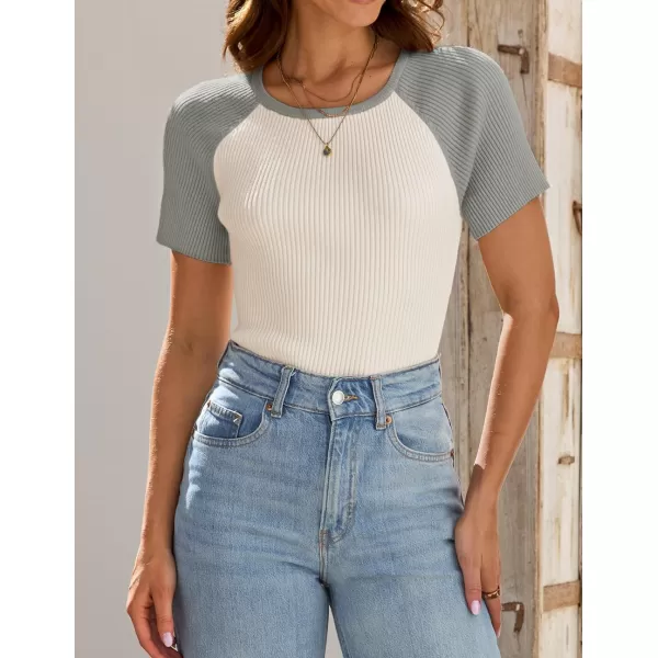 imageZESICA Womens Short Sleeve Ribbed Color Block Tops Summer Crewneck Knit T ShirtsGrey