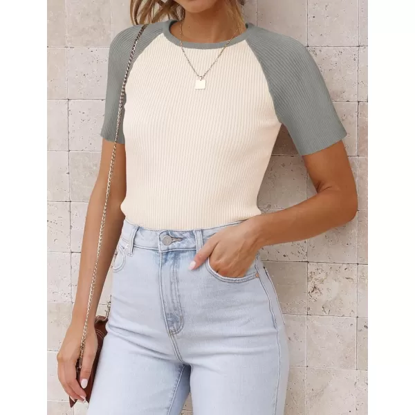 imageZESICA Womens Short Sleeve Ribbed Color Block Tops Summer Crewneck Knit T ShirtsGrey