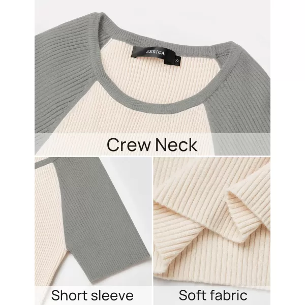 imageZESICA Womens Short Sleeve Ribbed Color Block Tops Summer Crewneck Knit T ShirtsGrey