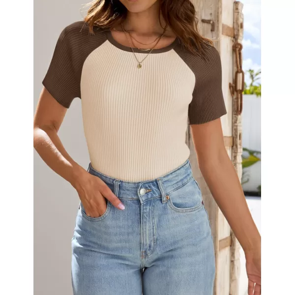 imageZESICA Womens Short Sleeve Ribbed Color Block Tops Summer Crewneck Knit T ShirtsKhaki