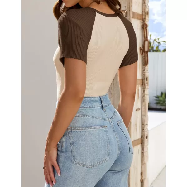 imageZESICA Womens Short Sleeve Ribbed Color Block Tops Summer Crewneck Knit T ShirtsKhaki