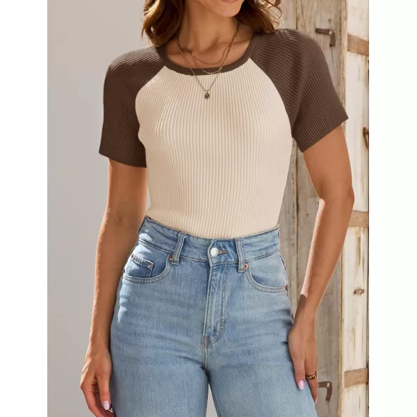 imageZESICA Womens Short Sleeve Ribbed Color Block Tops Summer Crewneck Knit T ShirtsKhaki