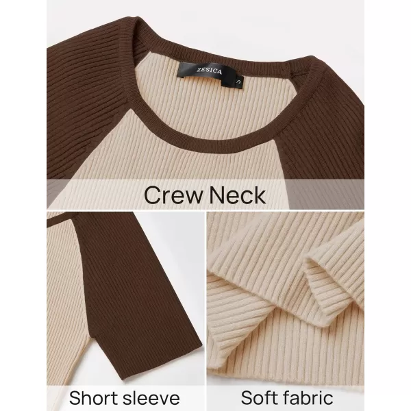 imageZESICA Womens Short Sleeve Ribbed Color Block Tops Summer Crewneck Knit T ShirtsKhaki