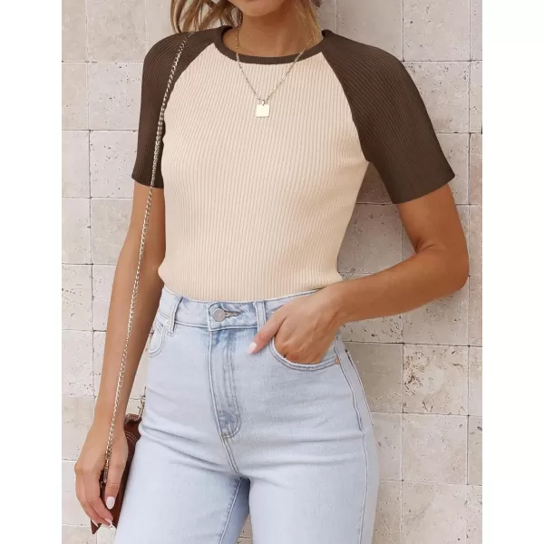 imageZESICA Womens Short Sleeve Ribbed Color Block Tops Summer Crewneck Knit T ShirtsKhaki