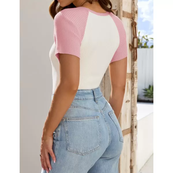 imageZESICA Womens Short Sleeve Ribbed Color Block Tops Summer Crewneck Knit T ShirtsPink