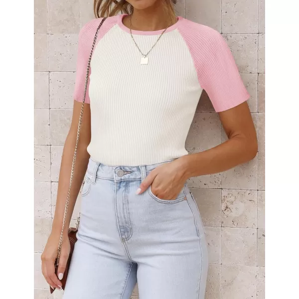 imageZESICA Womens Short Sleeve Ribbed Color Block Tops Summer Crewneck Knit T ShirtsPink