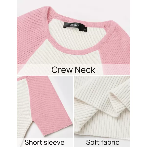 imageZESICA Womens Short Sleeve Ribbed Color Block Tops Summer Crewneck Knit T ShirtsPink