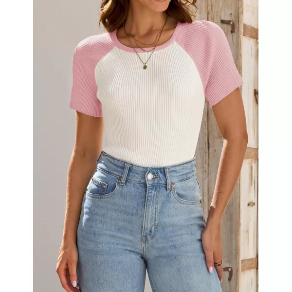 imageZESICA Womens Short Sleeve Ribbed Color Block Tops Summer Crewneck Knit T ShirtsPink