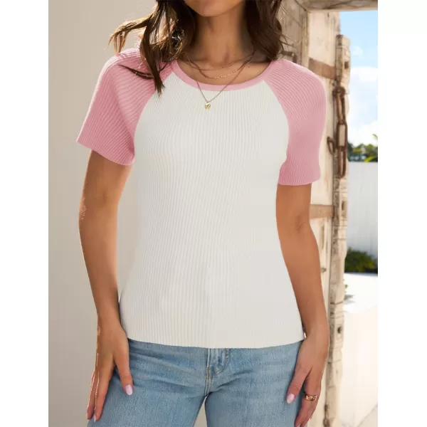 imageZESICA Womens Short Sleeve Ribbed Color Block Tops Summer Crewneck Knit T ShirtsPink
