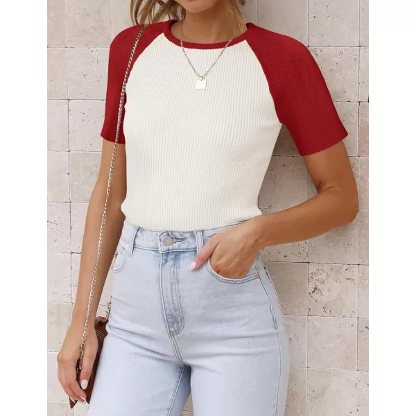 imageZESICA Womens Short Sleeve Ribbed Color Block Tops Summer Crewneck Knit T ShirtsRed