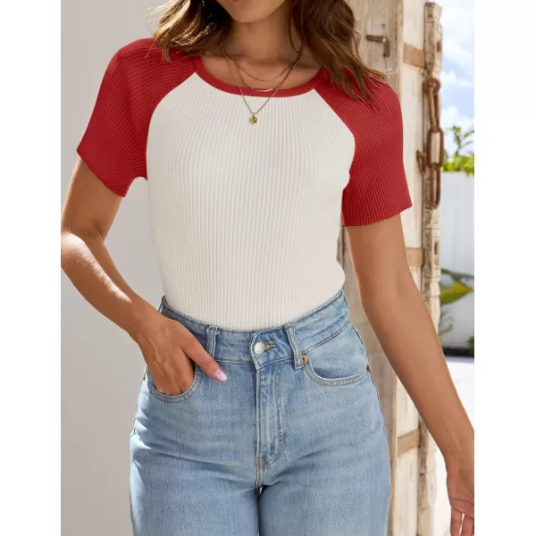 imageZESICA Womens Short Sleeve Ribbed Color Block Tops Summer Crewneck Knit T ShirtsRed