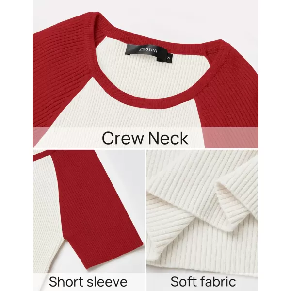 imageZESICA Womens Short Sleeve Ribbed Color Block Tops Summer Crewneck Knit T ShirtsRed