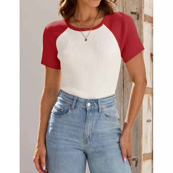 imageZESICA Womens Short Sleeve Ribbed Color Block Tops Summer Crewneck Knit T ShirtsRed