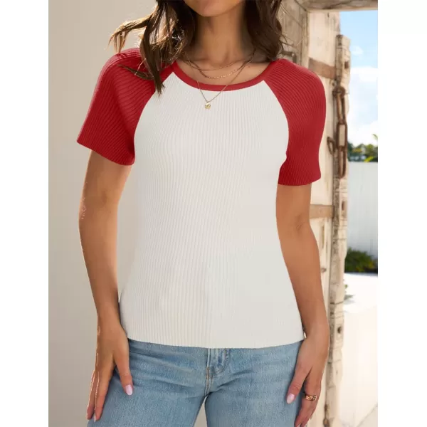 imageZESICA Womens Short Sleeve Ribbed Color Block Tops Summer Crewneck Knit T ShirtsRed