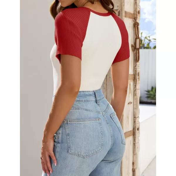 imageZESICA Womens Short Sleeve Ribbed Color Block Tops Summer Crewneck Knit T ShirtsRed