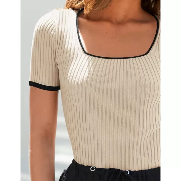 imageZESICA Womens Short Sleeve Square Neck Color Block T Shirt 2024 Summer Slim Fit Ribbed Knit Basic Tee TopsApricot