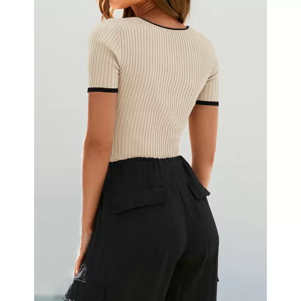 imageZESICA Womens Short Sleeve Square Neck Color Block T Shirt 2024 Summer Slim Fit Ribbed Knit Basic Tee TopsApricot