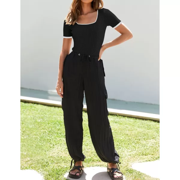 imageZESICA Womens Short Sleeve Square Neck Color Block T Shirt 2024 Summer Slim Fit Ribbed Knit Basic Tee TopsBlack