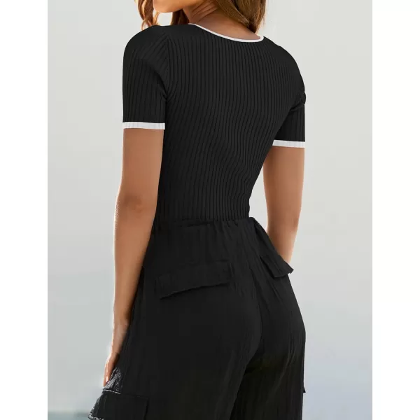 imageZESICA Womens Short Sleeve Square Neck Color Block T Shirt 2024 Summer Slim Fit Ribbed Knit Basic Tee TopsBlack