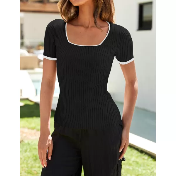 imageZESICA Womens Short Sleeve Square Neck Color Block T Shirt 2024 Summer Slim Fit Ribbed Knit Basic Tee TopsBlack