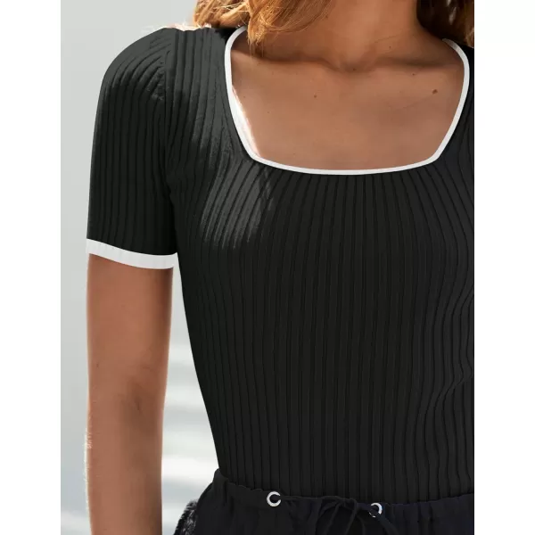 imageZESICA Womens Short Sleeve Square Neck Color Block T Shirt 2024 Summer Slim Fit Ribbed Knit Basic Tee TopsBlack