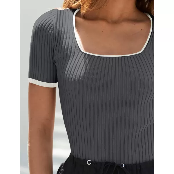 imageZESICA Womens Short Sleeve Square Neck Color Block T Shirt 2024 Summer Slim Fit Ribbed Knit Basic Tee TopsDarkgrey