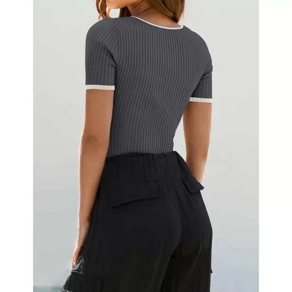 imageZESICA Womens Short Sleeve Square Neck Color Block T Shirt 2024 Summer Slim Fit Ribbed Knit Basic Tee TopsDarkgrey