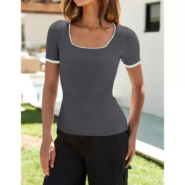 imageZESICA Womens Short Sleeve Square Neck Color Block T Shirt 2024 Summer Slim Fit Ribbed Knit Basic Tee TopsDarkgrey