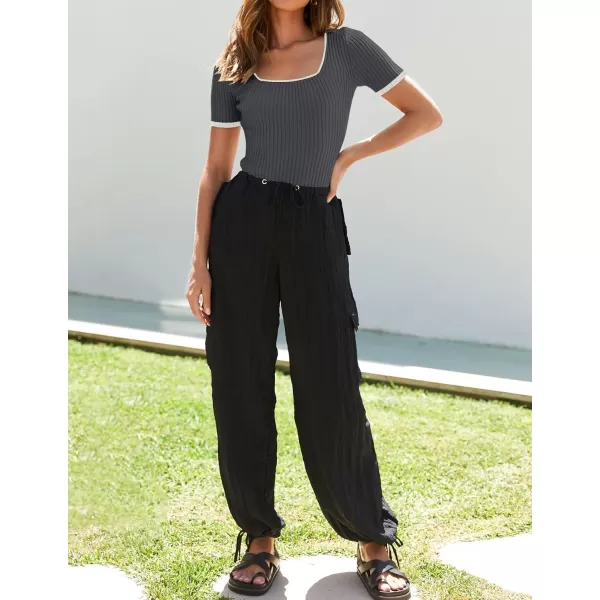 imageZESICA Womens Short Sleeve Square Neck Color Block T Shirt 2024 Summer Slim Fit Ribbed Knit Basic Tee TopsDarkgrey