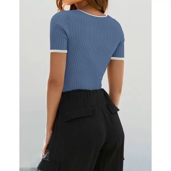 imageZESICA Womens Short Sleeve Square Neck Color Block T Shirt 2024 Summer Slim Fit Ribbed Knit Basic Tee TopsDustyblue