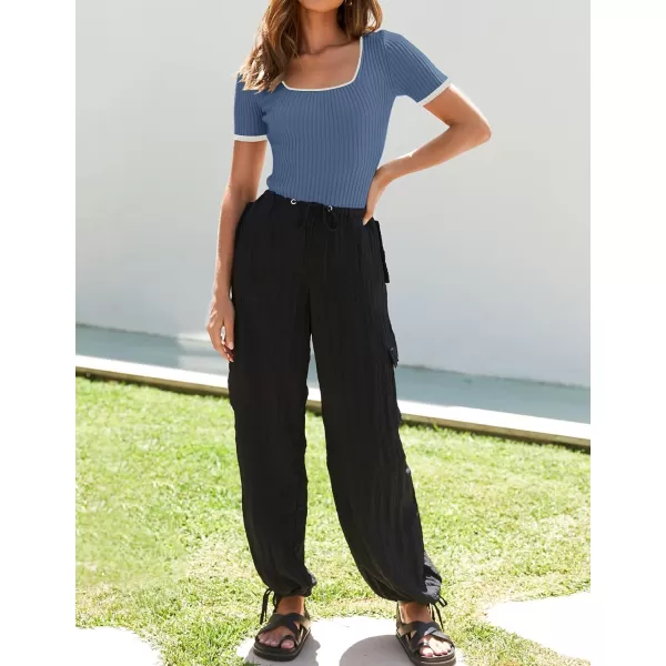 imageZESICA Womens Short Sleeve Square Neck Color Block T Shirt 2024 Summer Slim Fit Ribbed Knit Basic Tee TopsDustyblue