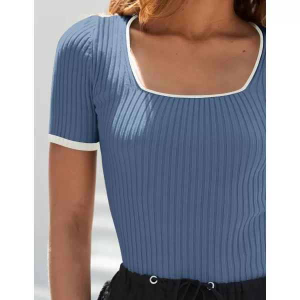 imageZESICA Womens Short Sleeve Square Neck Color Block T Shirt 2024 Summer Slim Fit Ribbed Knit Basic Tee TopsDustyblue