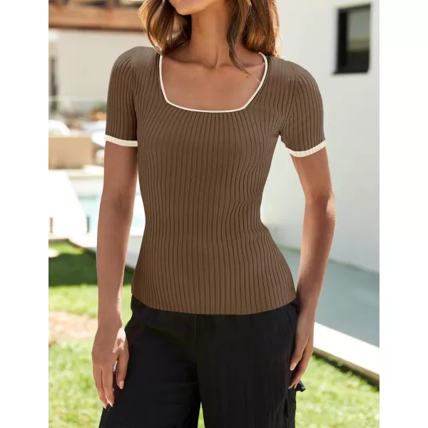 imageZESICA Womens Short Sleeve Square Neck Color Block T Shirt 2024 Summer Slim Fit Ribbed Knit Basic Tee TopsMocha
