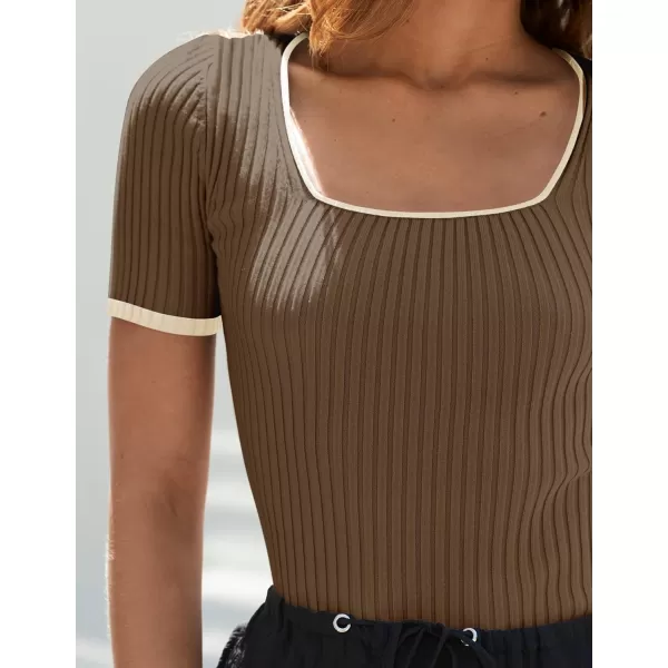 imageZESICA Womens Short Sleeve Square Neck Color Block T Shirt 2024 Summer Slim Fit Ribbed Knit Basic Tee TopsMocha