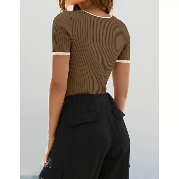 imageZESICA Womens Short Sleeve Square Neck Color Block T Shirt 2024 Summer Slim Fit Ribbed Knit Basic Tee TopsMocha