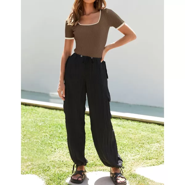 imageZESICA Womens Short Sleeve Square Neck Color Block T Shirt 2024 Summer Slim Fit Ribbed Knit Basic Tee TopsMocha