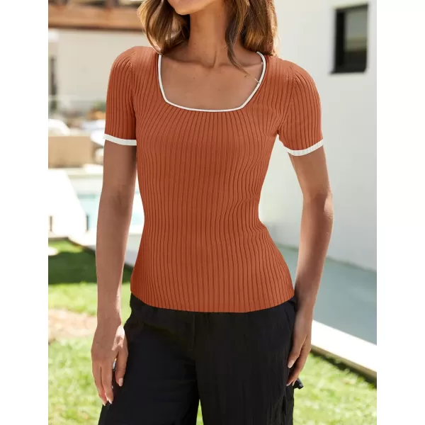 imageZESICA Womens Short Sleeve Square Neck Color Block T Shirt 2024 Summer Slim Fit Ribbed Knit Basic Tee TopsRust