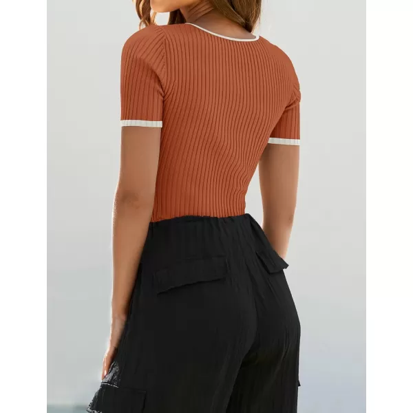 imageZESICA Womens Short Sleeve Square Neck Color Block T Shirt 2024 Summer Slim Fit Ribbed Knit Basic Tee TopsRust