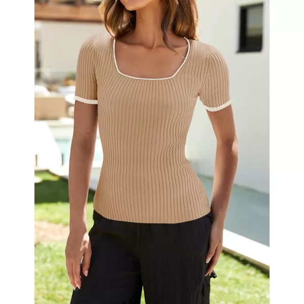 imageZESICA Womens Short Sleeve Square Neck Color Block T Shirt 2024 Summer Slim Fit Ribbed Knit Basic Tee TopsToffee