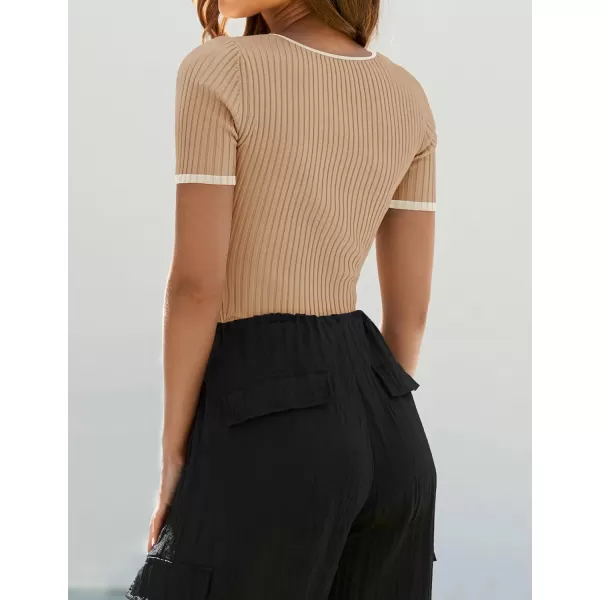 imageZESICA Womens Short Sleeve Square Neck Color Block T Shirt 2024 Summer Slim Fit Ribbed Knit Basic Tee TopsToffee
