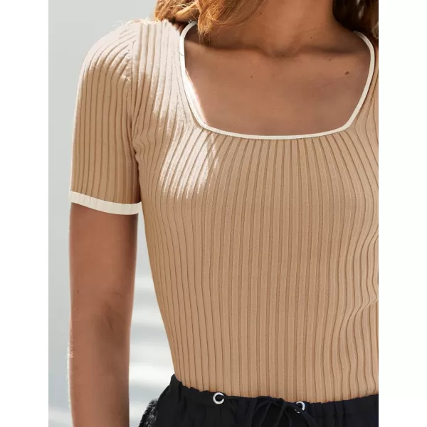 imageZESICA Womens Short Sleeve Square Neck Color Block T Shirt 2024 Summer Slim Fit Ribbed Knit Basic Tee TopsToffee