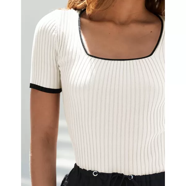imageZESICA Womens Short Sleeve Square Neck Color Block T Shirt 2024 Summer Slim Fit Ribbed Knit Basic Tee TopsWhite