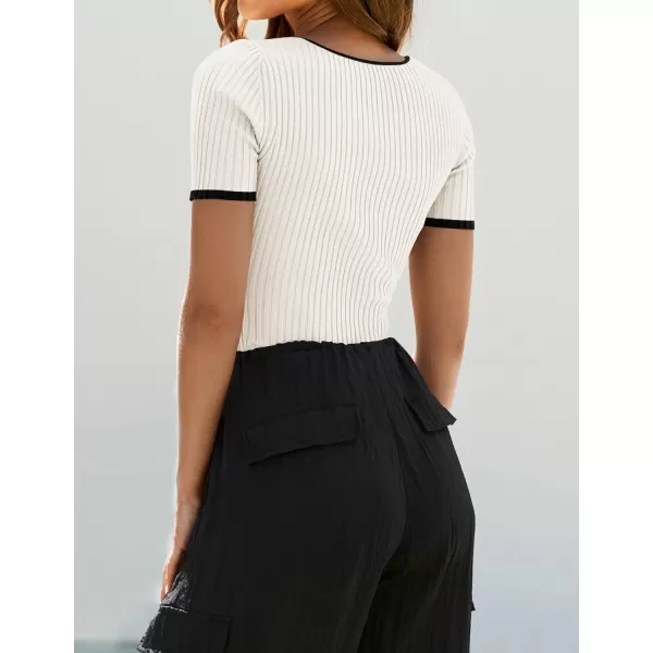 imageZESICA Womens Short Sleeve Square Neck Color Block T Shirt 2024 Summer Slim Fit Ribbed Knit Basic Tee TopsWhite