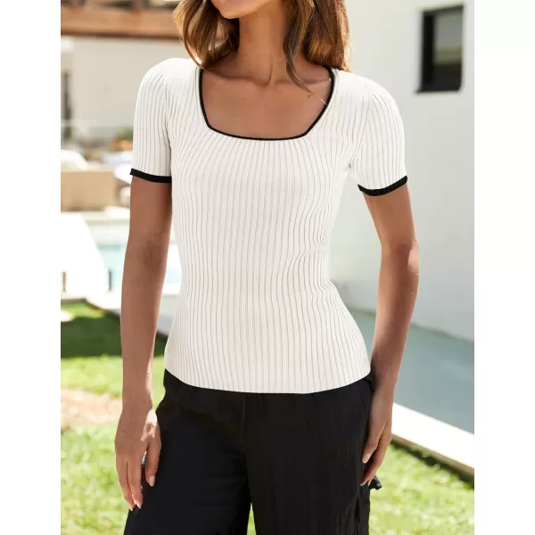 imageZESICA Womens Short Sleeve Square Neck Color Block T Shirt 2024 Summer Slim Fit Ribbed Knit Basic Tee TopsWhite
