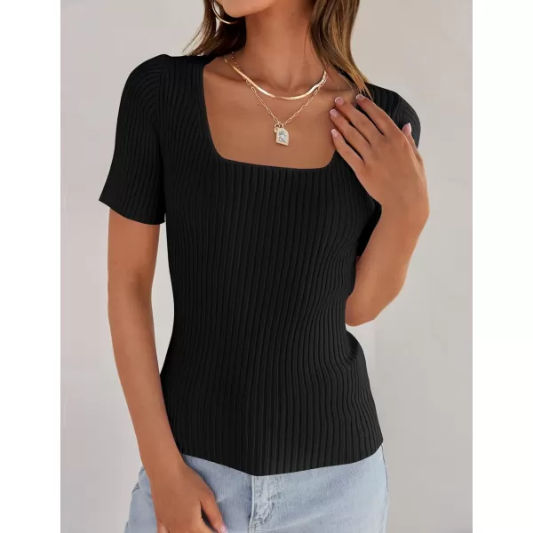 imageZESICA Womens Short Sleeve Square Neck T Shirts 2024 Summer Slim Fitted Ribbed Knit Basic Casual Tee TopsBlack