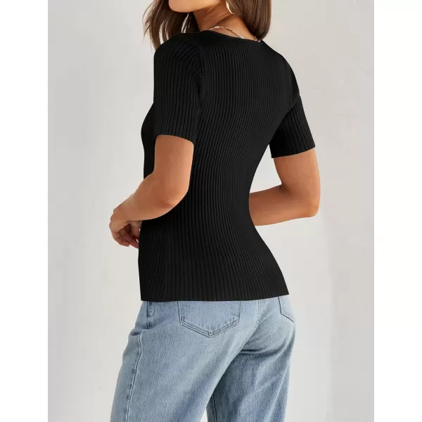 imageZESICA Womens Short Sleeve Square Neck T Shirts 2024 Summer Slim Fitted Ribbed Knit Basic Casual Tee TopsBlack